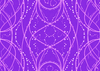 Hand-drawn abstract seamless ornament. Neon purple (proton purple) background and glowing pink pattern on it. Cloth texture. Digital artwork, A4. (pattern: p10-2a)