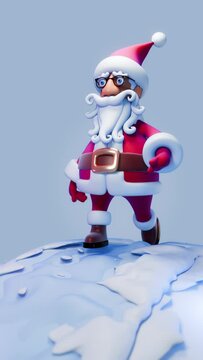 Santa Claus Is Walking. Cute tiny good-naturedly smiling cute cartoon 3D Santa Claus purposefully walks with an energetic gait along a snowy icy path towards the New Year / 3D graphics Loop animation