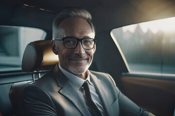 A middle-aged confident elegant businessman sitting on the back seat of a luxury car.A businessman with glasses is smiling.Closeup.