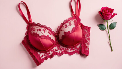 Red women's panties with lace isolated on pink background. Romantic lingerie for Valentine's Day Erotic concept.
