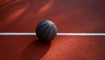 Black Basketball ball is sitting in the red rubber court vertical white line outdoors, top view. copy space.image for sport, exercise concept.High quality image.