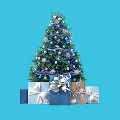 Beautiful Christmas tree with many gift boxes under on light blue background