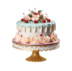 Sweet Dessert Pastry: Retro vintage cake Lambeth style decor with ruffle flowers and cherry on isolated white background