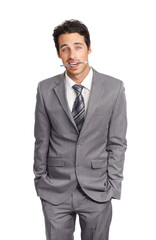 Portrait, business and suit with a young man, hands in pockets, in studio isolated on a white background. Corporate, professional or formal and a model employee at a company with a pen in his mouth