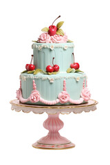 Sweet Dessert Pastry: Retro vintage cake Lambeth style decor with ruffle flowers and cherry on isolated white background