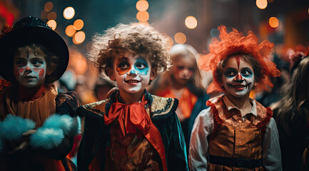 colorful children dressed in costumes at festival halloween night - obrazy, fototapety, plakaty