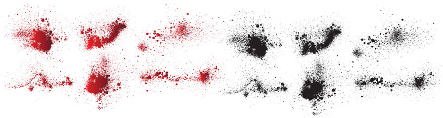 Collection of halloween bloody red splatter spot and bleeding red paint. Set of black blood splatter background. ink splat