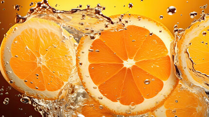Oranges with water splash, depicts fresh oranges being hit by a refreshing water splash. This asset is suitable for beverage, fruit, and healthy lifestyle-themed designs, advertising, and marketing m