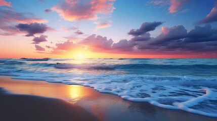 Naklejka na ściany i meble Sun Rising in the ocean with beautiful clouds 