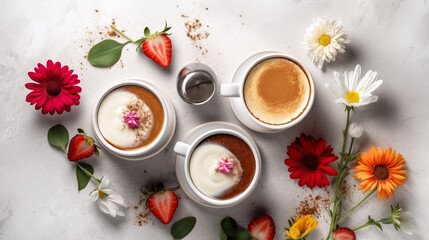 Overhead shot of cups of coffee, delicious homemade strawberry