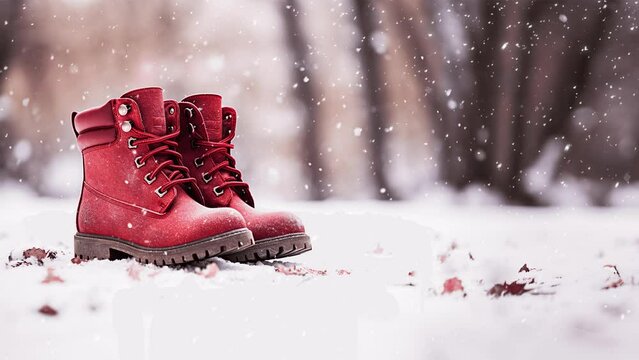 Frosty Fashion Statement: Stylish Red Winter Boots in Snowfall - Seamless Loop