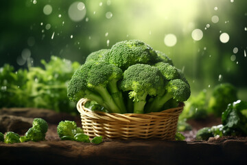Broccoli in basket on soil with water mist on green background.