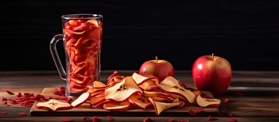 Dried apple slices on wooden table with red smoothie glass.