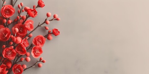 Top view image of red flowers composition over pastel background, generative ai