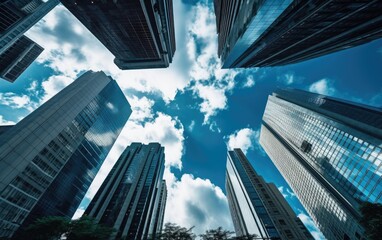 Fototapeta na wymiar Looking up to the sky with skyscrapers, modern office buildings