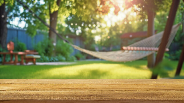 a wood board and hammock on green grass lawn with home backyard, blurred background for advertising template