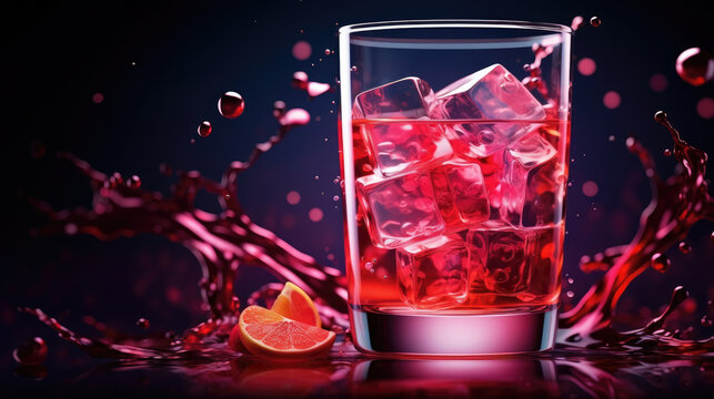 red wine splash in glass, A red cocktail with orange in a glass is on the table on dark background with wine splash