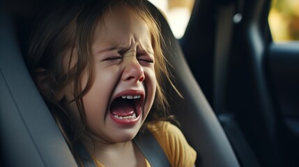 A small girl crying on a back seat of car - obrazy, fototapety, plakaty