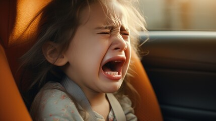 A small girl crying on a back seat of car