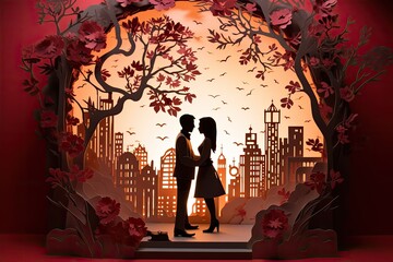 Intricate paper-cut diorama depicting a romantic scene with a couple, showcasing the artistry and creativity of love