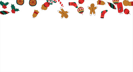 Christmas card frame with empty space for wishes. Gingerbread, orange, Christmas tree decorations, branches, gift boxes, sock, holly berries. Vector illustration