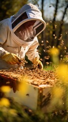 vertical beekeeper in a protective suit near hives with bees. concept nature, beekeeping, life in a village outside the city