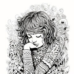 Intricate Black and White Hand-Drawn Illustration of a Child