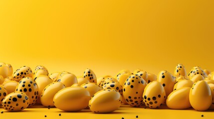 Yellow easter eggs with abstract polka dots on yellow background with copy space for text. Happy Easter concept, greeting card. 3d render