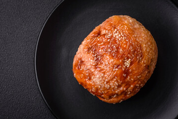Delicious baked chicken or turkey meat roll with salt and spices