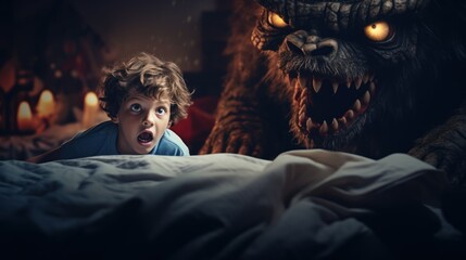 a boy of European appearance was very frightened, imagines, is afraid alone in a dark room. concept of childhood fears, monsters, children's psychology - obrazy, fototapety, plakaty