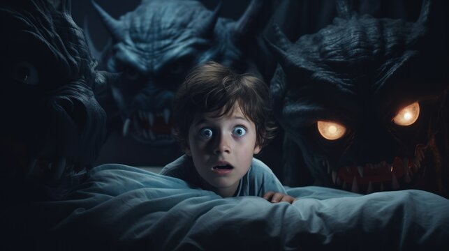 a boy of European appearance was very frightened, imagines, is afraid alone in a dark room. concept of childhood fears, monsters, children's psychology