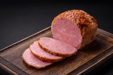 Delicious baked chicken or turkey meat roll with salt and spices