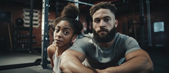 Diverse friends of different races in gym, African American man supporting African American woman during sit-ups. High-quality photo.