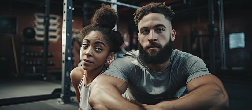 Diverse friends of different races in gym, African American man supporting African American woman during sit-ups. High-quality photo.