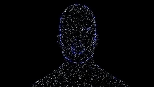 Animated talking man. The human head is animated with blue splines. 3D Holographic animation.