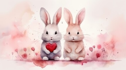 Obraz premium Two light watercolor bunnies on soft pink background, one holding a red heart, surrounded by floating hearts. Concept of love and gentle expression