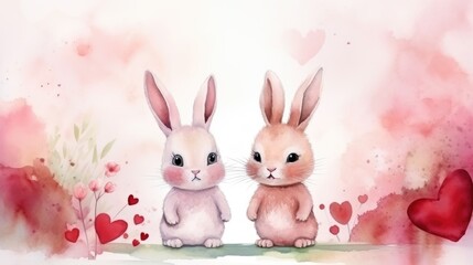 Obraz premium Two cute lovers bunnies and hearts. Watercolor hand drawn illustration, greeting card with space for text