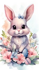 Easter greeting card with cute bunny and pink flowers on the light background. Watercolor painting. Happy Easter