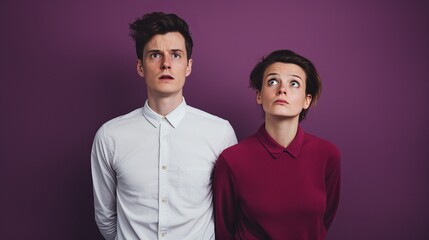 Baffled Couple Expressing Surprise Against Solid Purple Studio Background