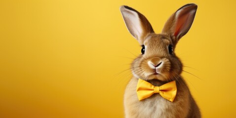 Obraz premium Easter bunny ginger rabbit with a bow tie on yellow background with copy space. Place for text.