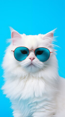Fototapeta premium Portrait cool cat concept design, white cat wearing eyes glasses isolated on background, blue texture on background, iOS background style,