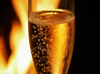 Sparkling champagne glass by the fire. Celebration background. New Year/Holiday background for design.