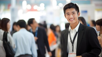 Young man at a conference wearing a black suit and a lanyard, smiling at the camera. - obrazy, fototapety, plakaty