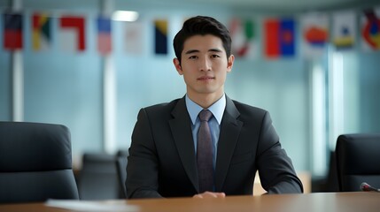 Fototapeta premium Confident young professional in a suit speaking at an international forum with flags in the background