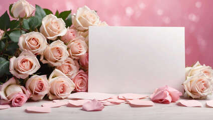 Blank paper surrounded by pink roses, bright and beautiful, for Valentine's Day, important holidays.