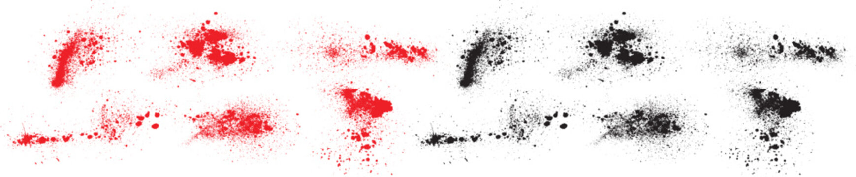 Vector black paint blood splash design set. Realistic red crime blood illustration set. red and black brush stroke