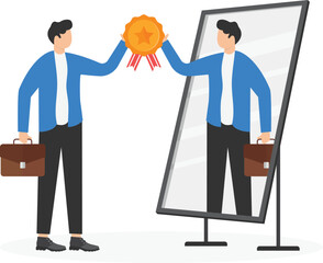 Reward yourself when success or achieve personal goals to increase motivation and inspiration, celebrate victory or winning concepts, businessmen get reward from himself in the mirror for self motivat