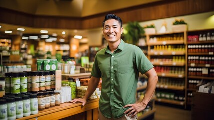 A cheerful man in a green shirt standing in a health food store