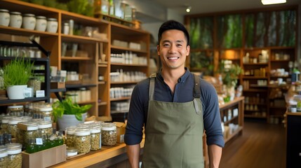 A smiling man wearing a dark apron in a modern herbal store - obrazy, fototapety, plakaty