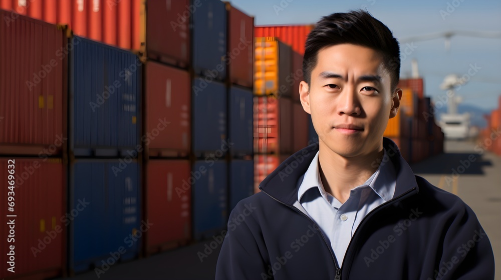 Wall mural Young man in a navy jacket against backdrop of shipping containers.